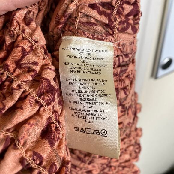 FREE PEOPLE Smock it to Me Mini Dress Apricot Ruffle Peasant Boho Size Large - Picture 7 of 10